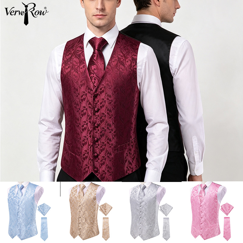 Men'S Formal Wear Waistcoat - VerveRow Men Burgundy Floral Jacquard Suit
