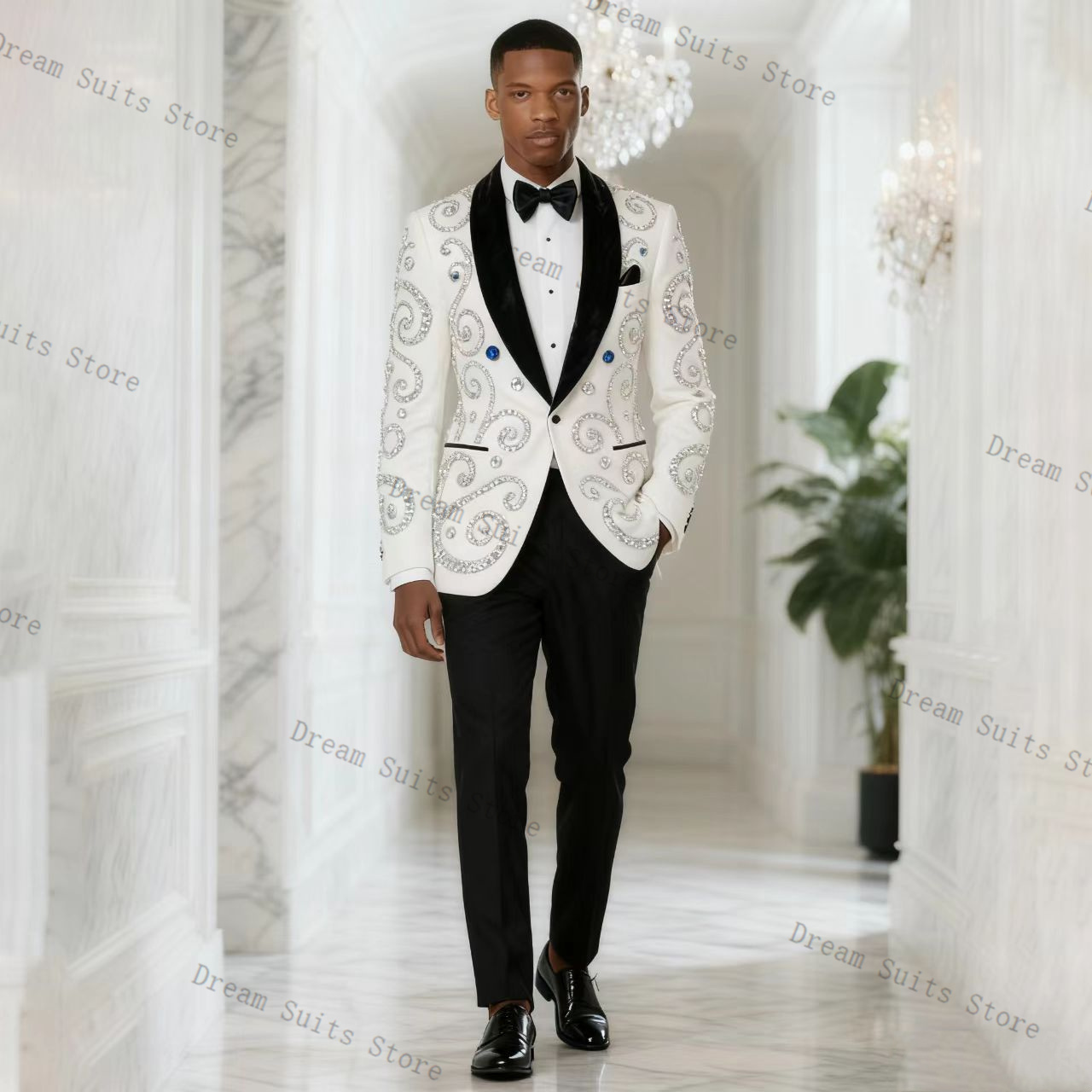 Men Formal Wear Black And White - White Men Suit Set 2 Piece