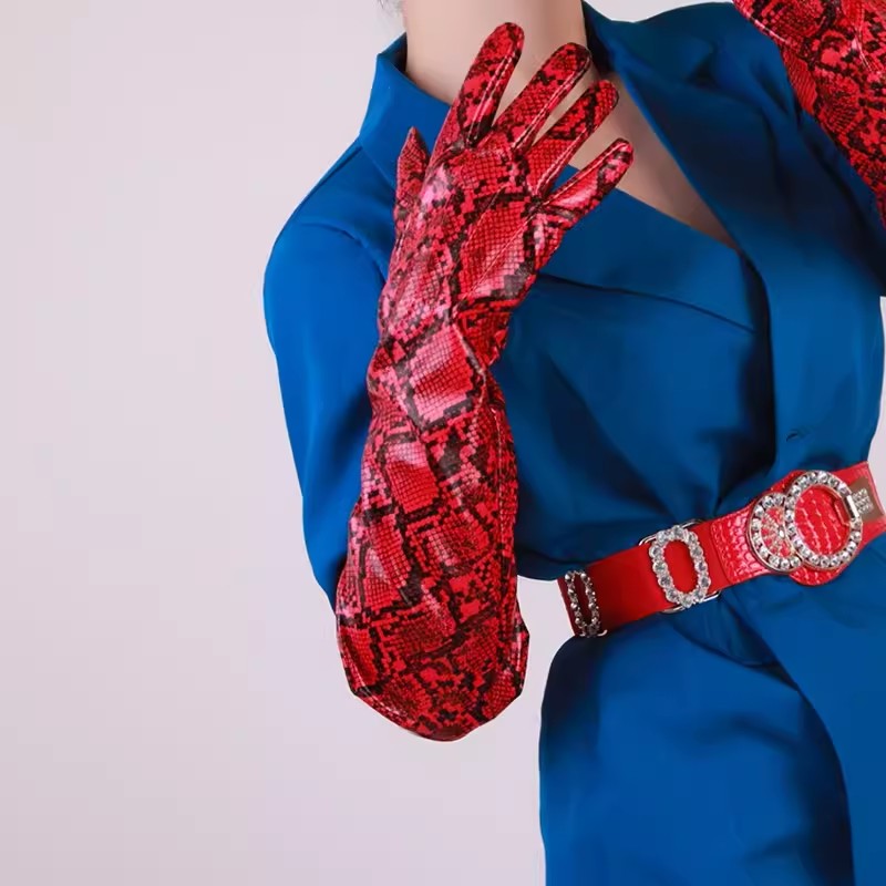 Formal Glove Leather - Women's Runway Fashion Red Snake Print