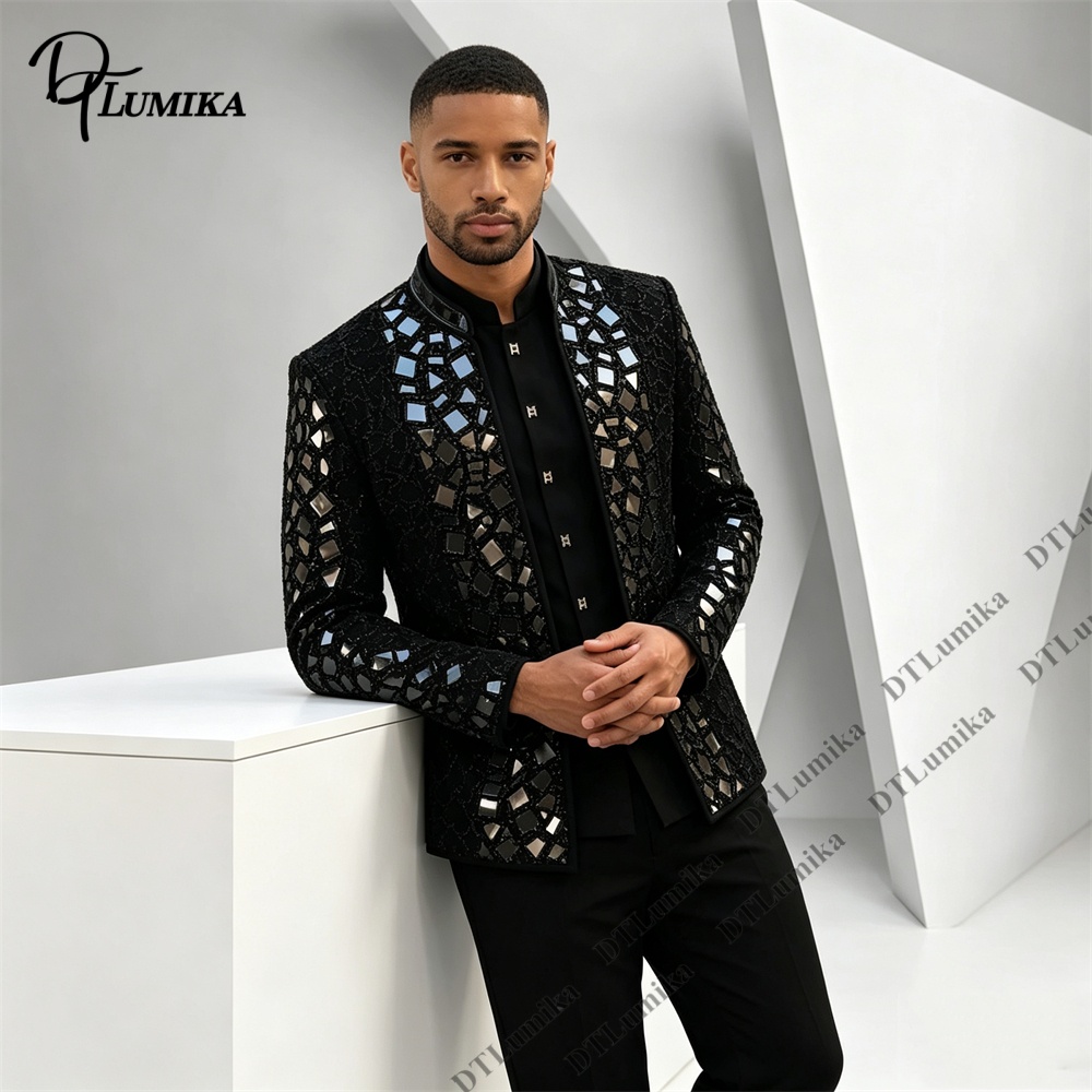 Men Black Mandarin Collar Suit - огляд і ціна Men'S Formal Wear For Office