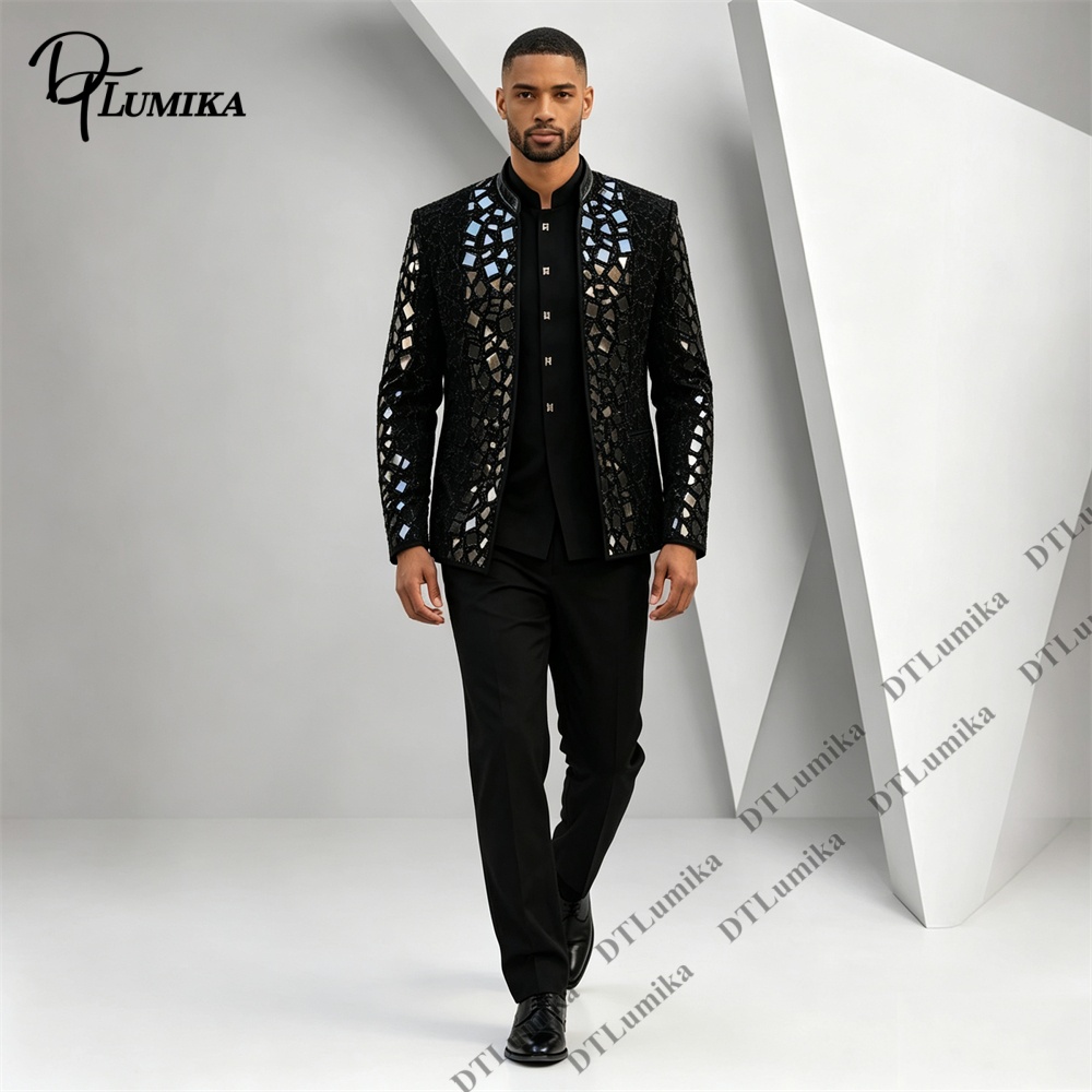 Men Black Mandarin Collar Suit - огляд і ціна Men'S Formal Wear For Office