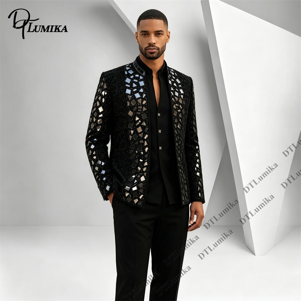 Men Black Mandarin Collar Suit - огляд і ціна Men'S Formal Wear For Office